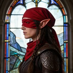 side - view portrait of iorveth, scoia'tael leader, red cap, red bandana covering one eye, elf ear, gothic stained glass window, very masterful