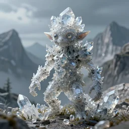 a golem made from translucent crystals, high in the mountains, greg rutkowski, 8 k, shallow depth of field, intricate detail, concept art,