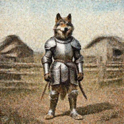 anthropomorphic furry wolf in armor standing in front of a farm, 1900s picture