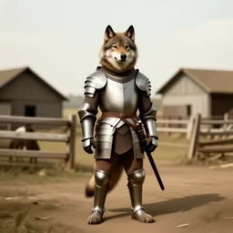 anthropomorphic furry wolf in armor standing in front of a farm, 1900s picture