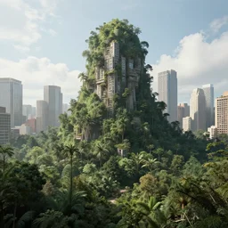 lusciously grown forest based on the brutalist architecture of ricardo bofill in an urban megacity, sci - fi, light blue sky with clouds, dramatic matte painting, style by thomas cole, 8 k, octane render, photorealistic, hyperrealism