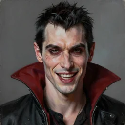 portrait painting of a friendly scarred vampire, sharp focus, award - winning, trending on artstation, masterpiece, highly detailed, intricate. art by ben templesmith and alex maleev