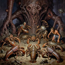 painting varied filthy rugated armored crustaceans clawing & terrified as massive brutalist structure, claustrophobic cilia sporing pox, evil, clustered horror, by virgil finlay, vincente b ballestar, by francesco blanc, geof darrow, bisley, & by jack gaughan, wayne d barlowe, mike ploog, high resolution