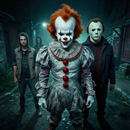 a horror pennywise and michael myers, greg rutkowski, zabrocki, karlkka, jayison devadas, trending on artstation, 8 k, ultra wide angle, zenith view, pincushion lens effect