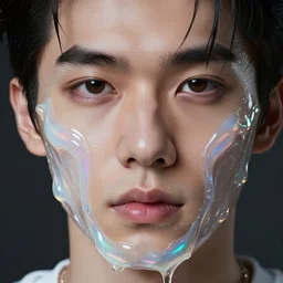 extreme close up of gorgeous hyperrealistic male face melts like iridescent ice cream, digital art masterpiece, highly detailed neo pop surrealism, jason limon kay sage hannah yata, dramatic lighting, medium shot, high angle, uhd 8 k, sharp focus