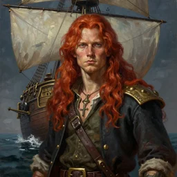 a portrait of a long haired, red headed male sky - pirate in front of an airship, epic fantasy, oil painting, darkness, paint texture, digital painting, highly detailed, artstation, sharp focus, illustration, concept art, ruan jia, charlie bowater, tom bagshaw, norman rockwell