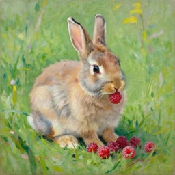 a cute rabbit eating raspberries on a meadow, oil on canvas by claude monet