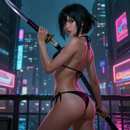 beautiful female with katana, short black hair, in bikini, cyberpunk 2077, city background, rainy night, neon glow concept art, sharp focus, intricate, digital painting, artstation, official media, anime key visual, highly detailed, rich vivid colors ambient lighting, illustration, art by Artgerm, Makoto Shinkai, Ilya Kuvshinov, Lois Van Baarle and Rossdraws