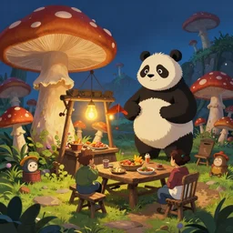 slavic tavern. big mushrooms, greate panda, glowing lights, epic fantasy, colorfully, digital art, highly saturated colors, concept art, detailed illustration, hd, 4 k, digital art, greg rutkowski, dan mumford, studio ghibli trending on artstation