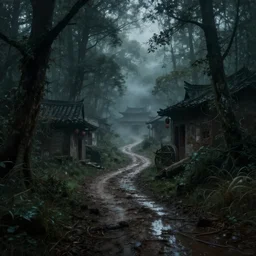 a beautiful and terrifying painting with high details of a chinese village deep in the dense woods, a muddy winding path, gloomy weather, horror, eerie, fog, movie atmosphere, movie lights, 8 k, light effect, rtx on, trending on artstation, by kilian eng, lee madgwick, bastien lecouffe - deharme, tyler edlin, mucha