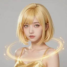 girl ; short blonde hair ; starry eyes ; bright colours ; idol ; golden energy swirls ; wearing golden kimono ; drawn by mengo yokoyari ; digital art ; high detail ; trending on artstation ; anime key visual