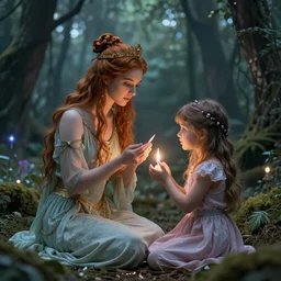 “the goddess of love and her daughter making a ritual in a magical forest, sharp focus, detailed, digital art, extra detail, HD, fantasy, 8k”