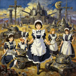 baroque acrylic painting of key visual concept art, anime maids in crusade battlefield with early tanks, brutalist fantasy, rule of thirds golden ratio, fake detail, trending pixiv fanbox, palette knife, style of makoto shinkai ghibli takashi takeuchi yoshiyuki sadamoto jamie wyeth james gilleard greg rutkowski chiho aoshima