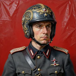 portrait of a third reich soldier in ornate lasercore intricate artwork masterpiece motorcycle dirt helmet, background red plastic bag, rich deep colors, ultra detail, by francis bacon, james ginn, petra courtright, jenny saville, gerhard richter, zdzislaw beksinski, masterpiece, masterpiece, smooth shadows, ultra detail, fashion studio lighting, 3 5 mm
