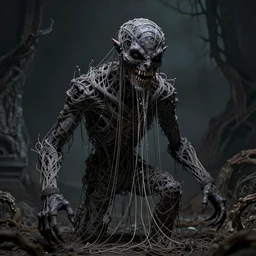 a highly detailed, dark fantasy, dark twisted evil sinister humanoid figure made out of a wave of strings, making a smile with very sharp teeth, 4 k / 8 k, 1 5 0 mm wide - angle lens, extreme depth of field