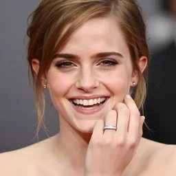 A photo of laugh emma watson. she has wedding ring on his fingers. 50 mm. perfect ring. award winning photography