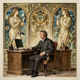 jean-guy lecointre sit at his office, medieval, intricate, elegant, highly detailed, digital painting, artstation, concept art, smooth, sharp focus, illustration, rutkowski, mucha