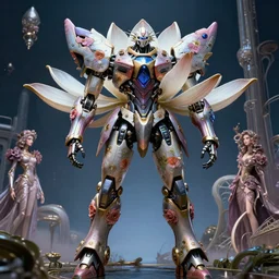 futuristic nymphaea themed mecha waterlily flower for upper body, floral knees, over - under shot, rococo, sci - fi movie, cinematic compositions, highly detailed, nymphaea, 8 k hd resolution, biomechanical, bandai box art, zaku, retrofuturism, by syd mead, zaha hadid, artgerm and rob liefeld