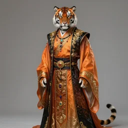 beautiful fantasy character portrait, male wizard, anthropomorphic tiger, dressed in fluent long jeweled oriental clothes, gradient orange to black, hyper realistic, highly detailed by peter mohrbacher, wayne barlowe, boris vallejo, paolo eleuteri serpieri