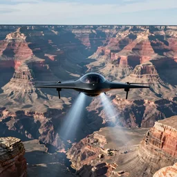 a detailed black triangle ufo drone flying above the great canyon, light rays, deep detailed rocks, illustration style, by moebius, cartoon style
