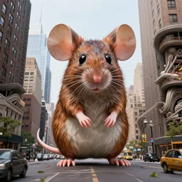 giant mouse in the city, photorealistic, highly detailed, sharp focus, vivid, symmetrical, random, convoluted, mind - blowing, creative, fully functional, physics defying, amazing, cool, hdr