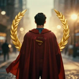 symmetry!! a 3 5 mm photo from the back of a superhero wearing a cape, splash art, movie still, bokeh, canon 5 0 mm, cinematic lighting, dramatic, film, photography, golden hour, depth of field, award - winning, anamorphic lens flare, 8 k, hyper detailed, 3 5 mm film grain