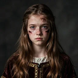 teenage medieval girl, half of face stained with a dark mark, unhappy, portrait, photography, moody, long brown hair