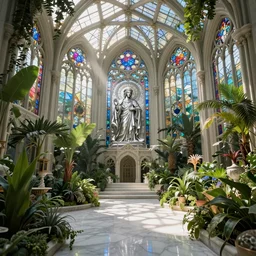 celestial garden atrium, hanging gardens, abundant botanicals, stained glass, gothic, neo - gothic, art nouveau, polished white marble, hyperdetailed chrome silver medieval icon, daniel merriam, john stephens, concept art, aetherpunk, unreal engine, detailed intricate environment, octane render, godrays, volumetric lighting, ultrasharp, whimsical, ethereal