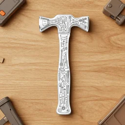 the outline shape of a hammer filled in with lots of tools carefully arranged, digital illustration, overhead view, table top