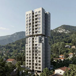 a brutalism and constructivism modern concrete and metallic tower apartment building, Tundra forest of Sochi landscapes. Concept art