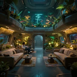 interior of a relaxing spaceship hall with living quarters and artificial gardens, cyberpunk, moody, luminescent, rule of thirds, golden ratio, ambient lighting, syd mead, greg rutkowski, wlop, artgerm, artstation, highly detailed masterpiece