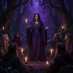 ominous picture of the High priestess of the old ones cult preaching to her followers, dark forest illuminated by candles, purple color scheme, focus, sharp, art by artgerm and donato giancola and Joseph Christian Leyendecker, WLOP
