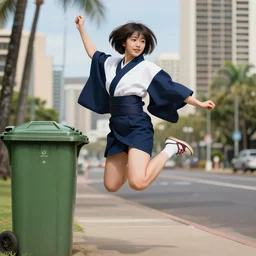 portrait of an Italian Japanese Hapa young woman school with short hair wearing a navy and white sepuku uniform and jumping outside a green trashbin in Kalakaua avenue in Waikiki, intricate, elegant, highly detailed, centered, digital painting, artstation, concept art, smooth, sharp focus, illustration, by Peter Mohrbacher, WLOP