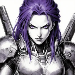 close up portrait of a pale woman in sci - fi power armor with purple hair, powerful, domineering, stoic, masterful, intense, ultrafine hyperdetailed illustration by kim jung gi, irakli nadar, intricate linework, sharp focus, octopath traveler, yoji shinkawa, highly rendered, detailed, concept art