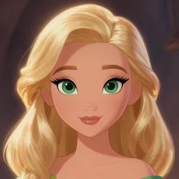 Disney animation of a cute blonde girl with green eyes, symmetrical face