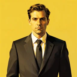 mobster in a suit and tie. portrait. digital art, bauhaus, angular, geometric, symmetrical. yellow color theme. simple, flat, solid background.