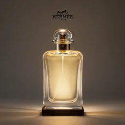 table lamp designed by hermes in the shape of perfume, transparent glass, liquid filled, advertising photography