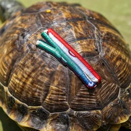 close - up of a turtle shell embroidered with twizzlers, photography, dslr