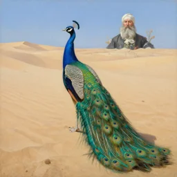peacock in the desert, oil on canvas, highly detailed, masterpiece painting, by ivan shishkin and aivazovsky