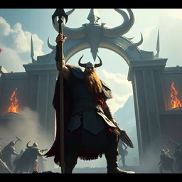 the viking stands triumphantly as he enters the gates of valhalla. highly detailed, digital painting, artstation, smooth, sharp focus, illustration, unreal engine 5, 8 k, art by ruan jia and jakub rebelka