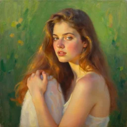 beautiful painting of woman by Input two artist, golden hour, green background