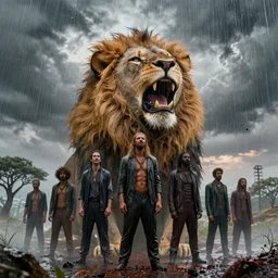 people standing in the toxic rain worship the giant lion head of king mufasa screaming from the epic magical skies