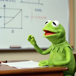 1970s photo of Kermit the frog teaching physics