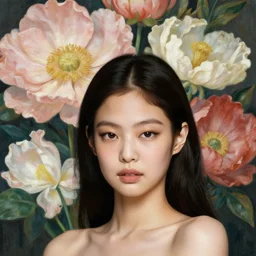 a portrait of  Jennie Kim, close-up, headshot, with gigantic flowers n the background by Edward Robert Hughes, James Jean and Maria Sibylla Merian