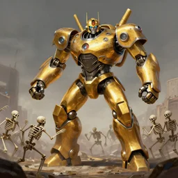 a giant golden robot, fighting an army of skeletons, highly detailed portrait, digital painting, artstation, concept art, smooth, sharp foccus ilustration, Artstation HQ