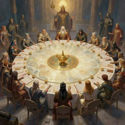 meeting of the gods in a giant round table, digital painting, mixed media, trending on artstation and deviantart, epic composition, highly detailed, 8 k