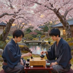 a professionnal oil painted digital art of a japanese garden with complex sakura trees in bloom, evening light. two highly detailed japanese young men playing shogi on a table while drinking tea. hyper realistic and highly detailed faces. digital art, by greg rutkowski, trending on artstation, hq, 8 k, 4 k, unreal engine 5, concept art.