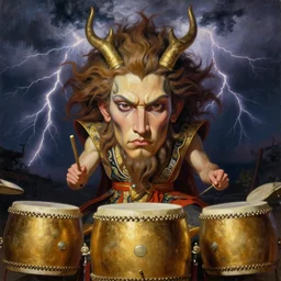 raijin with golden drums. strong storm with lightning in the background. realistic, highly detailed, oil painting in a modern style, very detailed and symmetrical face, painted by greg rutkowski, sachin teng, thomas kindkade, alphonse mucha, norman rockwelll