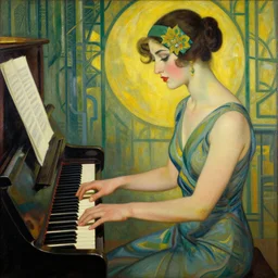 woman playing the piano, art deco painting