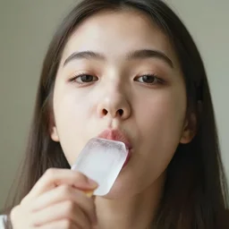 girl looking up at camera as she sucks an iceblock